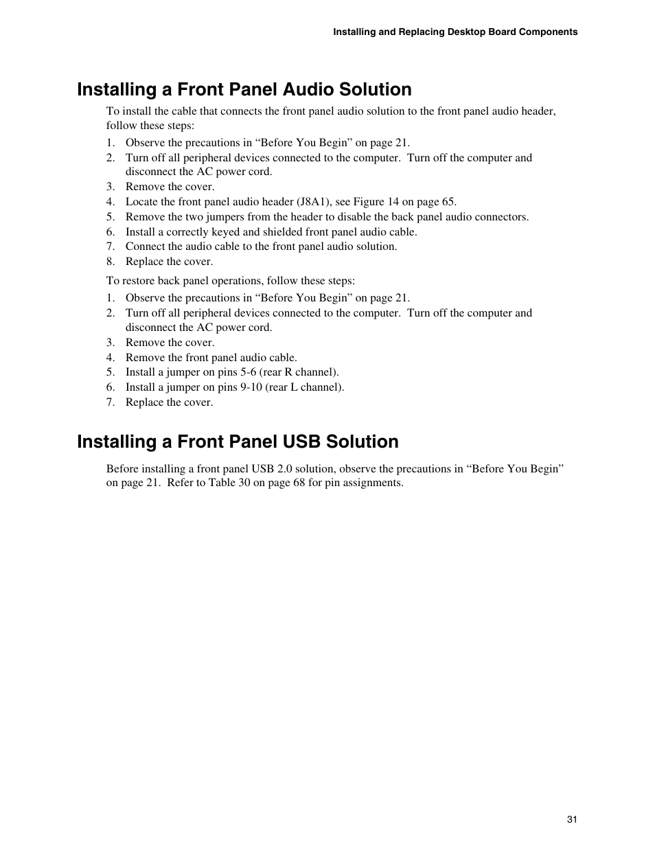 Installing a front panel audio solution, Installing a front panel usb solution | Intel D845GBV User Manual | Page 31 / 80
