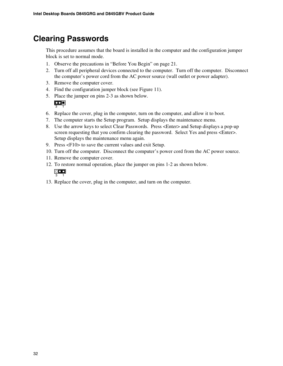 Clearing passwords | Intel D845GBV User Manual | Page 32 / 80