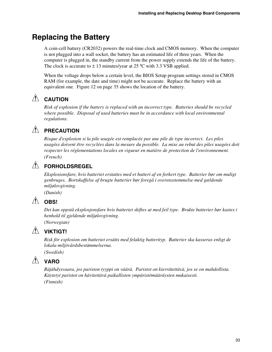 Replacing the battery | Intel D845GBV User Manual | Page 33 / 80