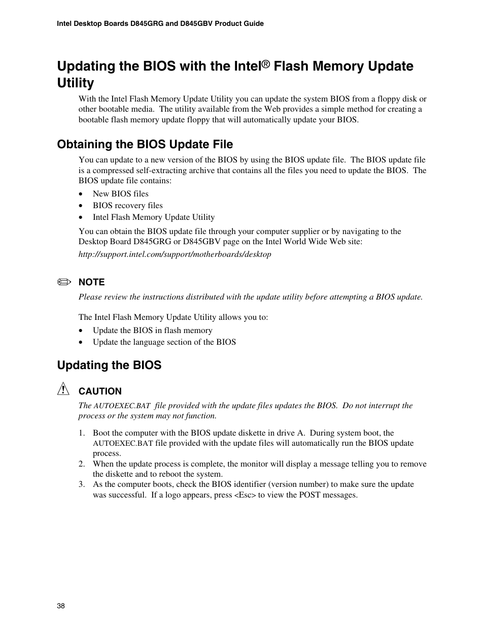 Obtaining the bios update file, Updating the bios, Updating the bios with the intel | Intel D845GBV User Manual | Page 38 / 80