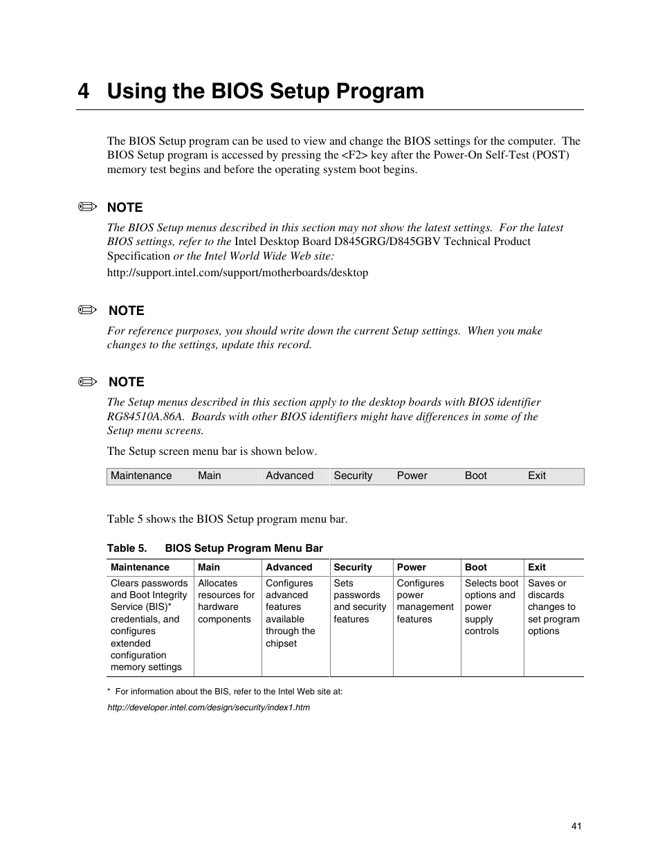 4 using the bios setup program | Intel D845GBV User Manual | Page 41 / 80