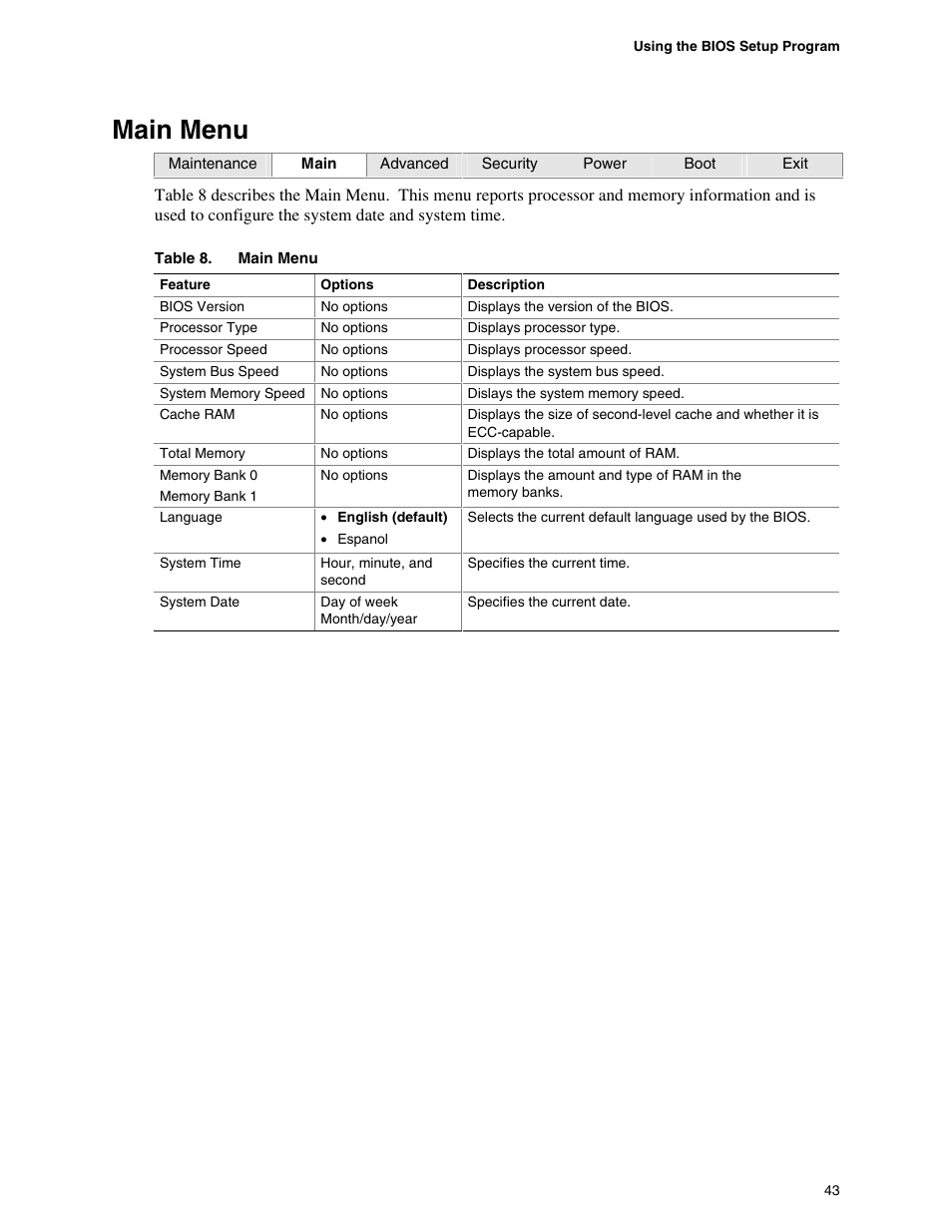 Main menu | Intel D845GBV User Manual | Page 43 / 80