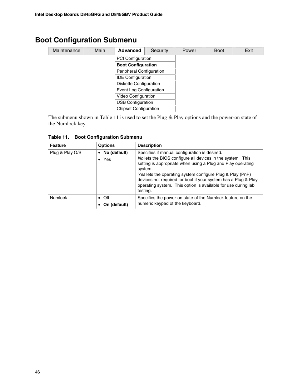 Boot configuration submenu | Intel D845GBV User Manual | Page 46 / 80