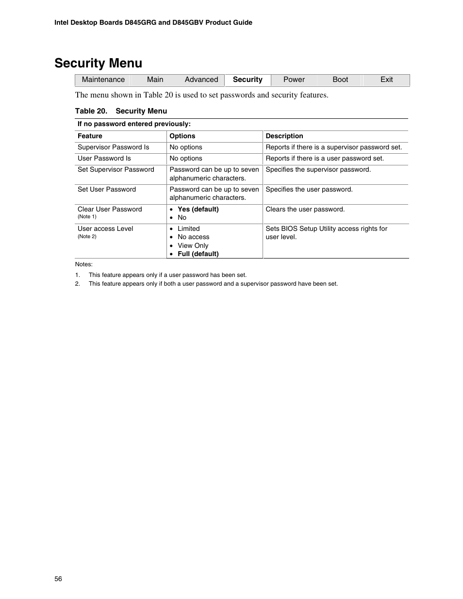 Security menu | Intel D845GBV User Manual | Page 56 / 80