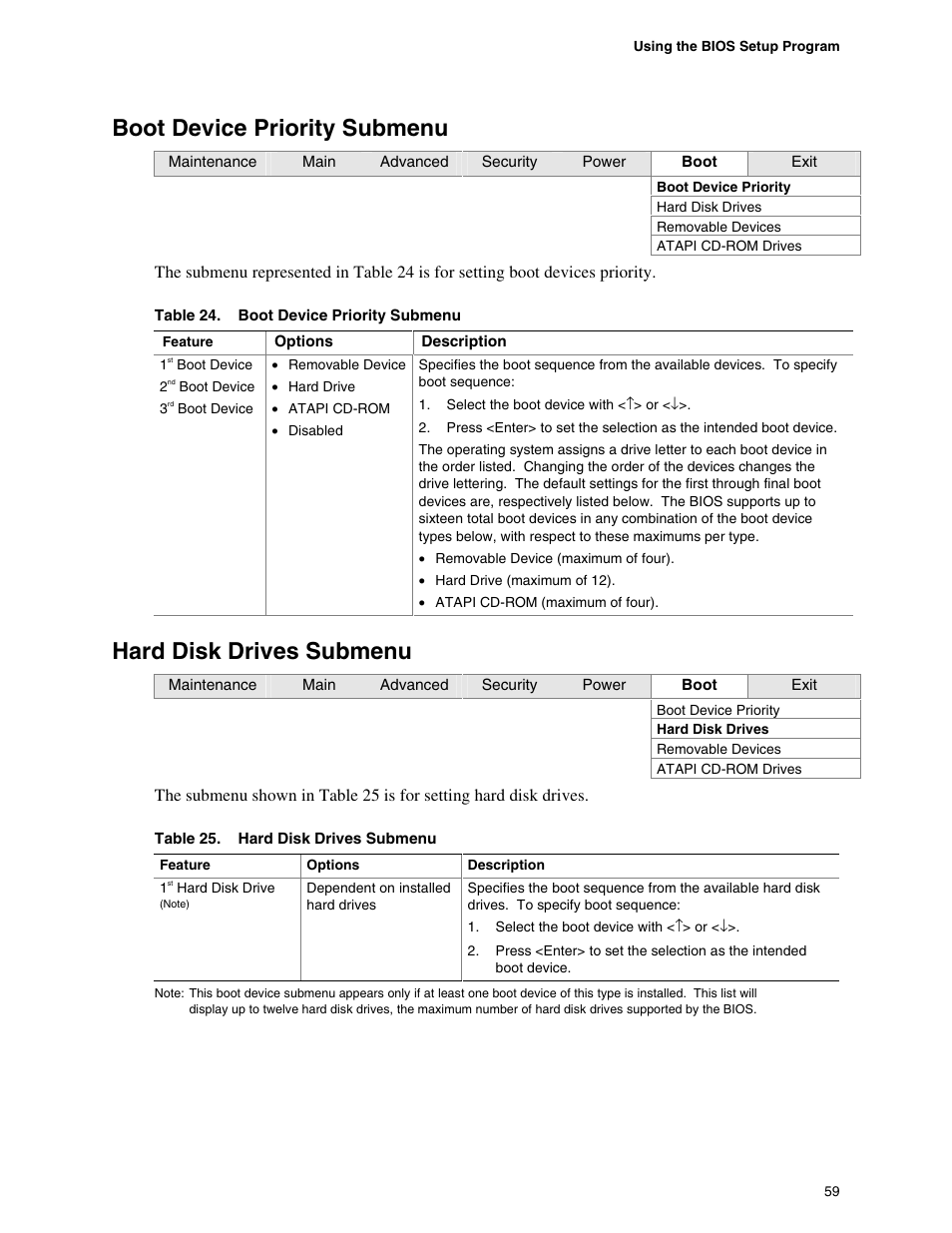 Boot device priority submenu, Hard disk drives submenu | Intel D845GBV User Manual | Page 59 / 80