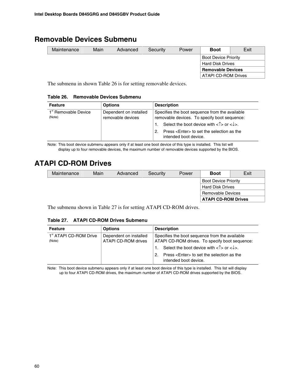 Removable devices submenu, Atapi cd-rom drives | Intel D845GBV User Manual | Page 60 / 80