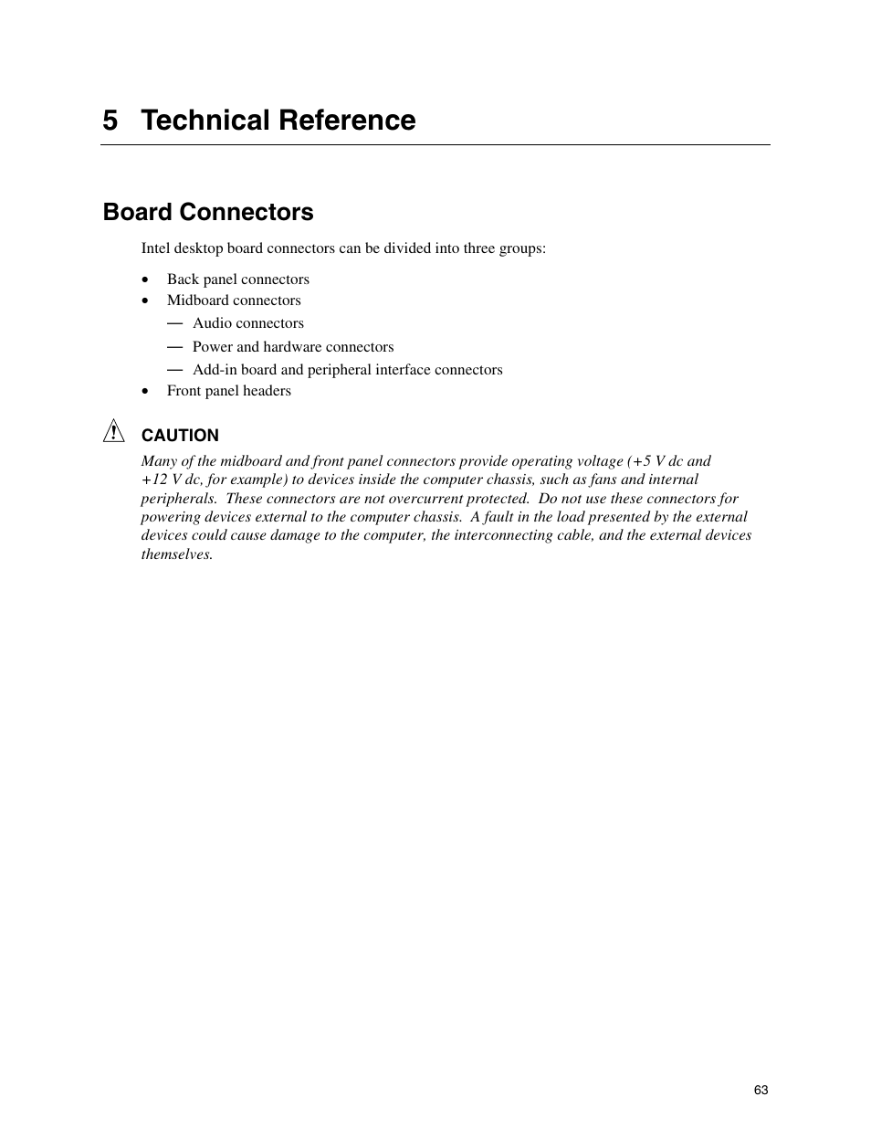 5 technical reference, Board connectors | Intel D845GBV User Manual | Page 63 / 80