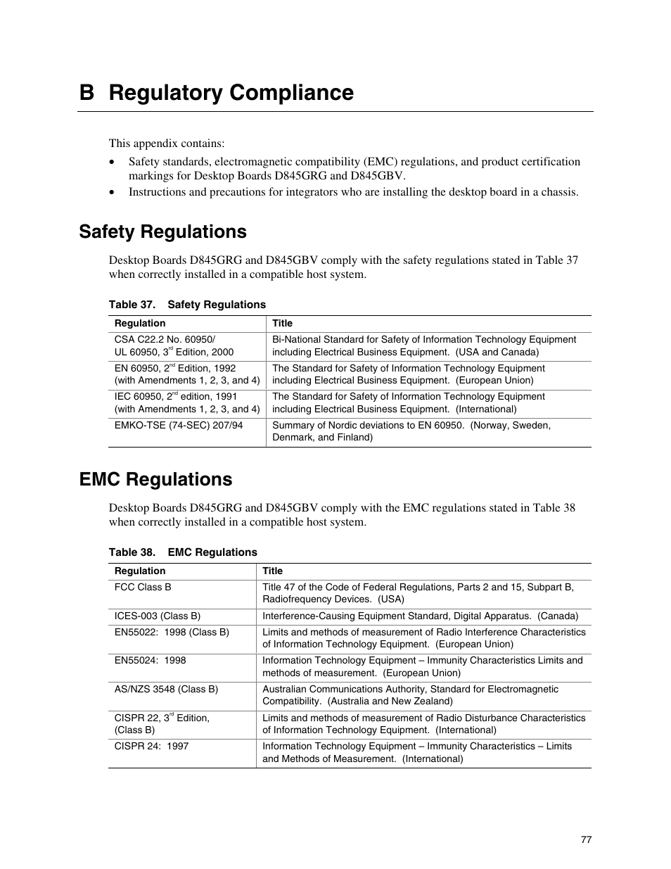 B regulatory compliance, Safety regulations, Emc regulations | Intel D845GBV User Manual | Page 77 / 80