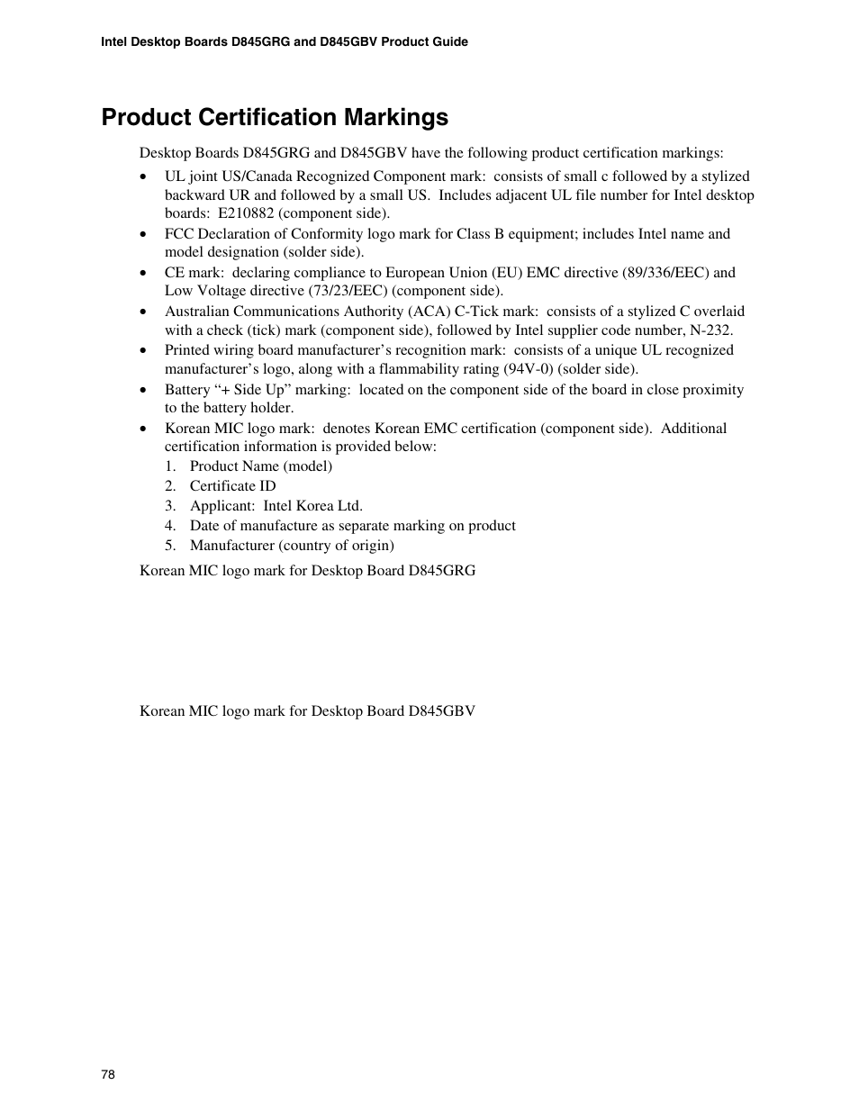 Product certification markings | Intel D845GBV User Manual | Page 78 / 80
