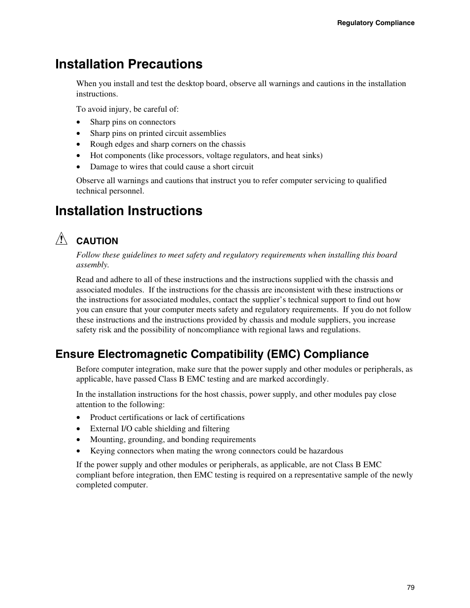 Installation precautions, Installation instructions | Intel D845GBV User Manual | Page 79 / 80