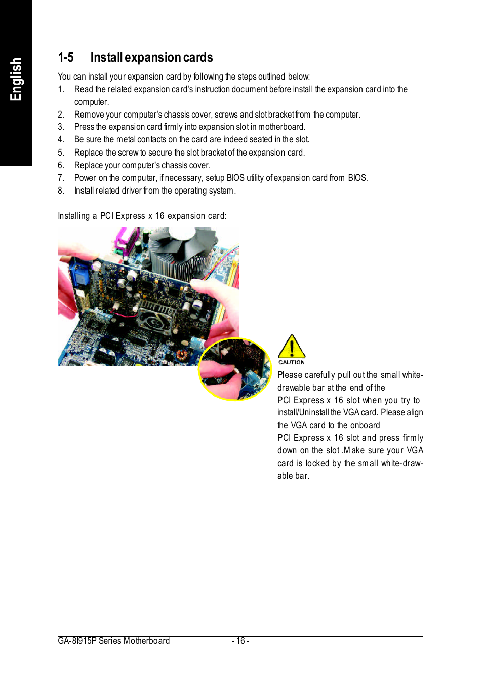English, 5 install expansion cards | Intel GA-8I915P User Manual | Page 16 / 80
