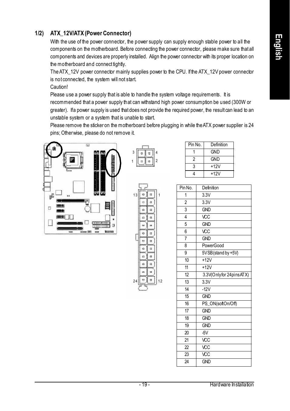 English, 1/2) atx_12v/atx (power connector) | Intel GA-8I915P User Manual | Page 19 / 80
