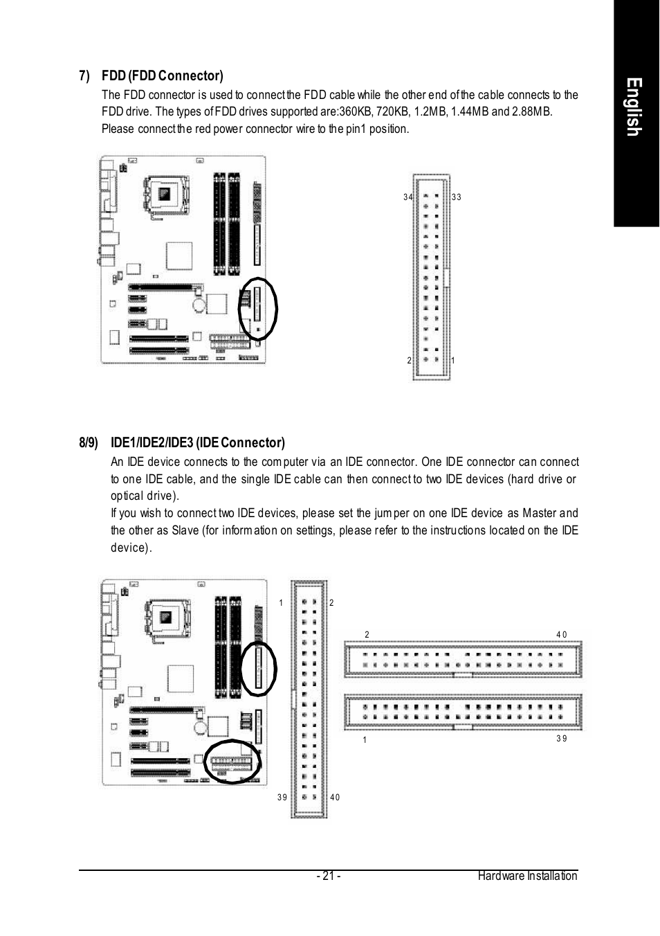 English, 7) fdd (fdd connector) | Intel GA-8I915P User Manual | Page 21 / 80