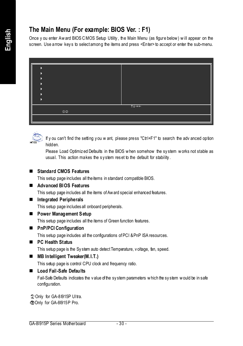 English, The main menu (for example: bios ver. : f1), N standard cmos features | N advanced bios features, N integrated peripherals, N power management s etup, N pnp/pci configuration, N pc health status, N mb intelligent tweaker(m.i.t.), N load fail-safe defaults | Intel GA-8I915P User Manual | Page 30 / 80