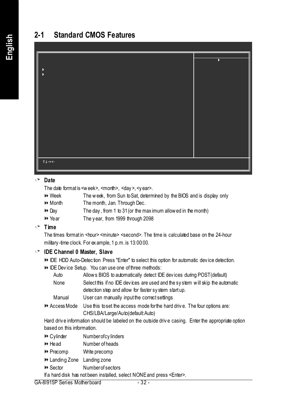 English, 1 standard cmos features, Date | Time, Ide channel 0 master, slave | Intel GA-8I915P User Manual | Page 32 / 80