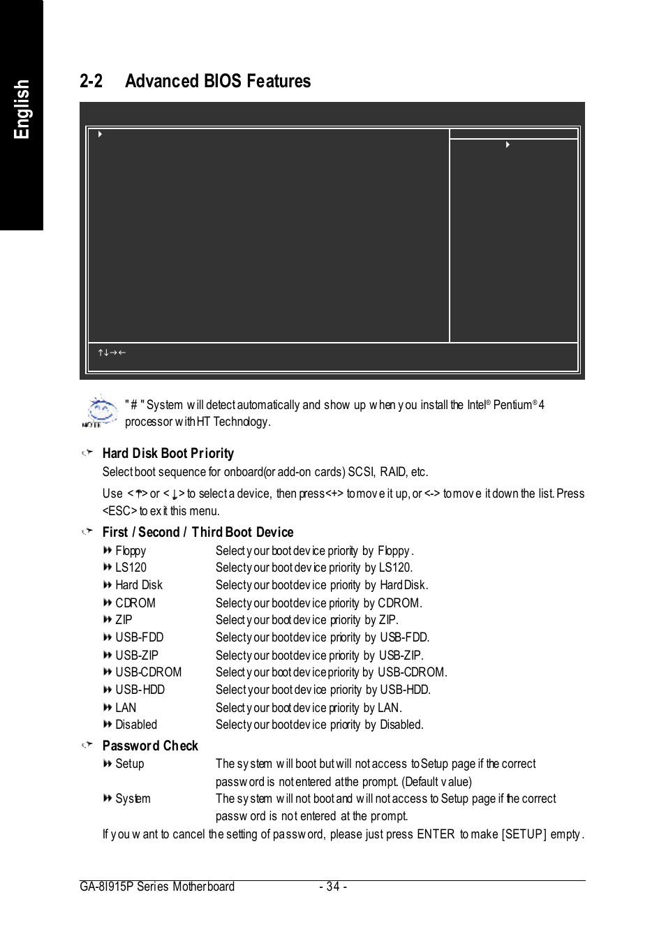 English, 2 advanced bios features, Hard disk boot priority | First / second / third boot device, Password check | Intel GA-8I915P User Manual | Page 34 / 80