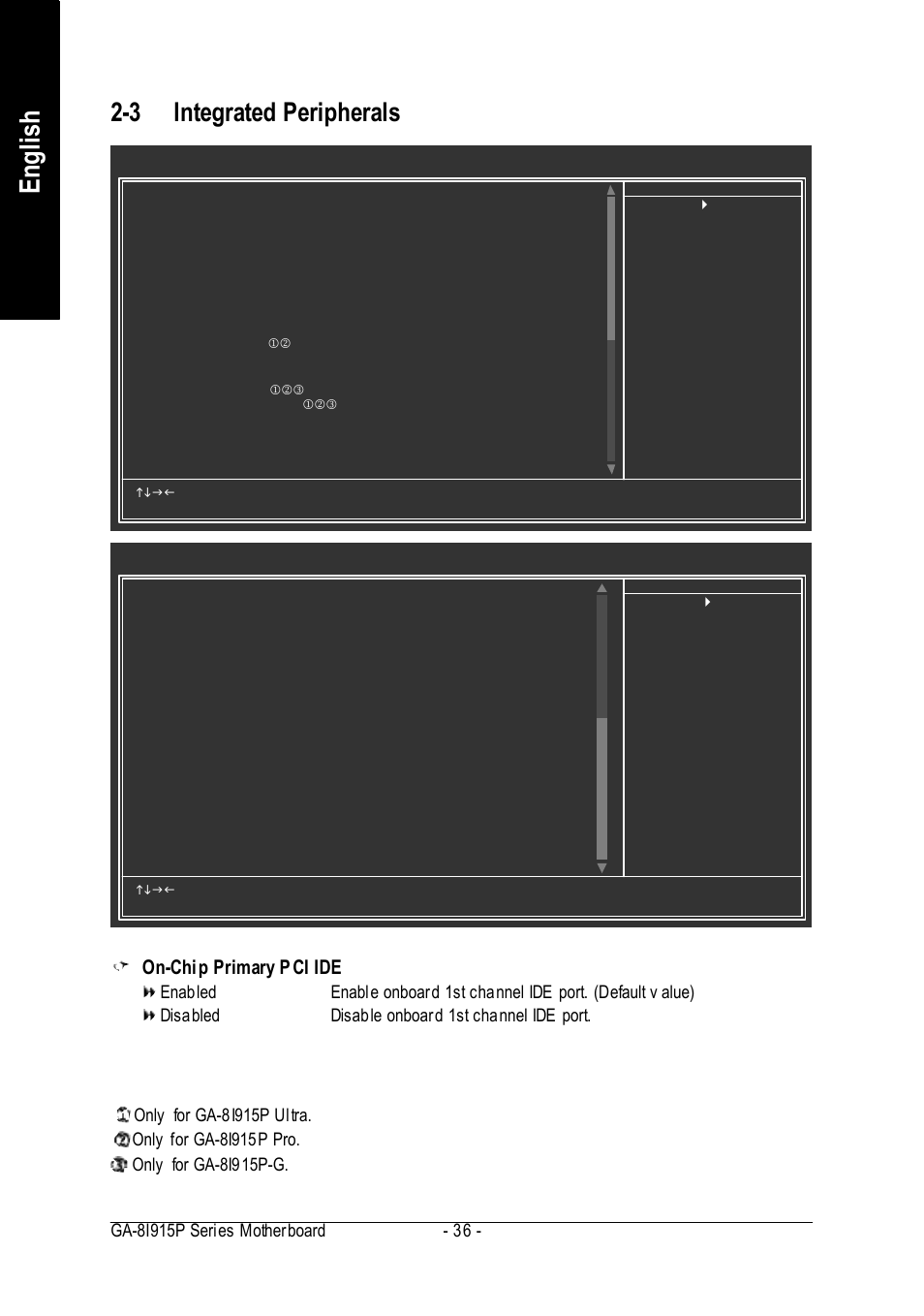 English, 3 integrated peripherals, On-chip primary p ci ide | Intel GA-8I915P User Manual | Page 36 / 80