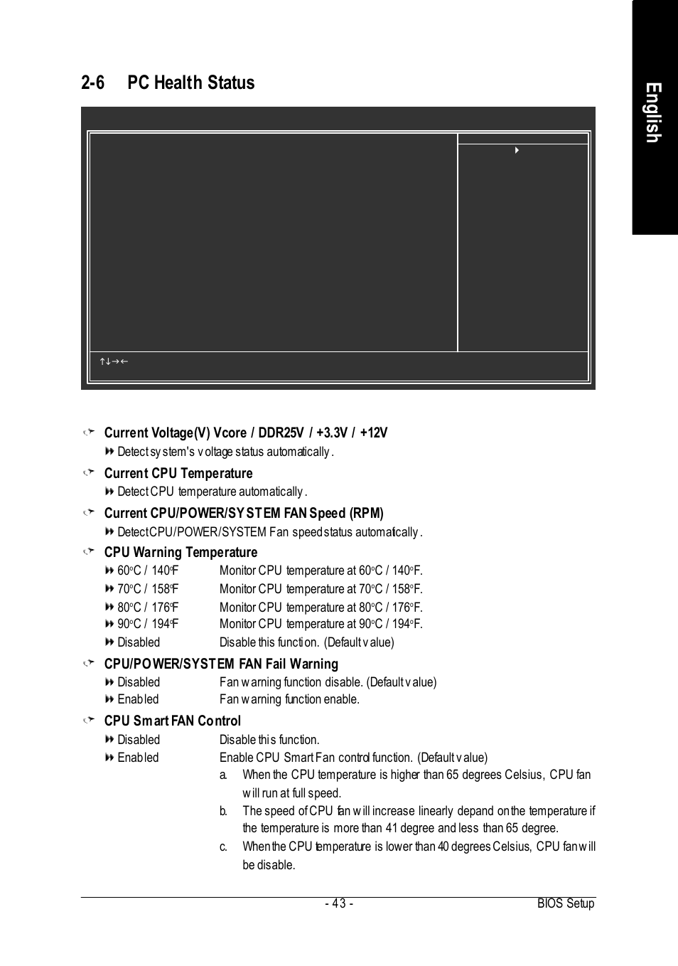 English, 6 pc health status, Current cpu temperature | Current cpu/power/sy stem fan speed (rpm), Cpu warning temperature, Cpu/power/system fan fail warning, Cpu smart fan control | Intel GA-8I915P User Manual | Page 43 / 80