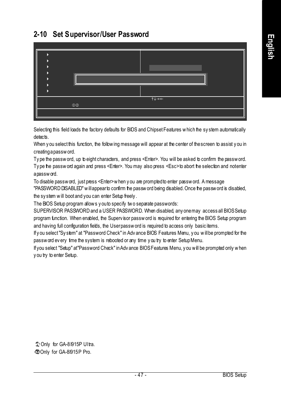 English, 10 set supervisor/user password | Intel GA-8I915P User Manual | Page 47 / 80