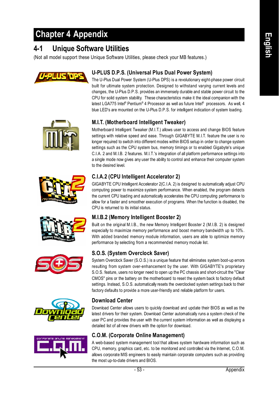 Chapter 4 appendix, English, 1 unique software utilities | Intel GA-8I915P User Manual | Page 53 / 80