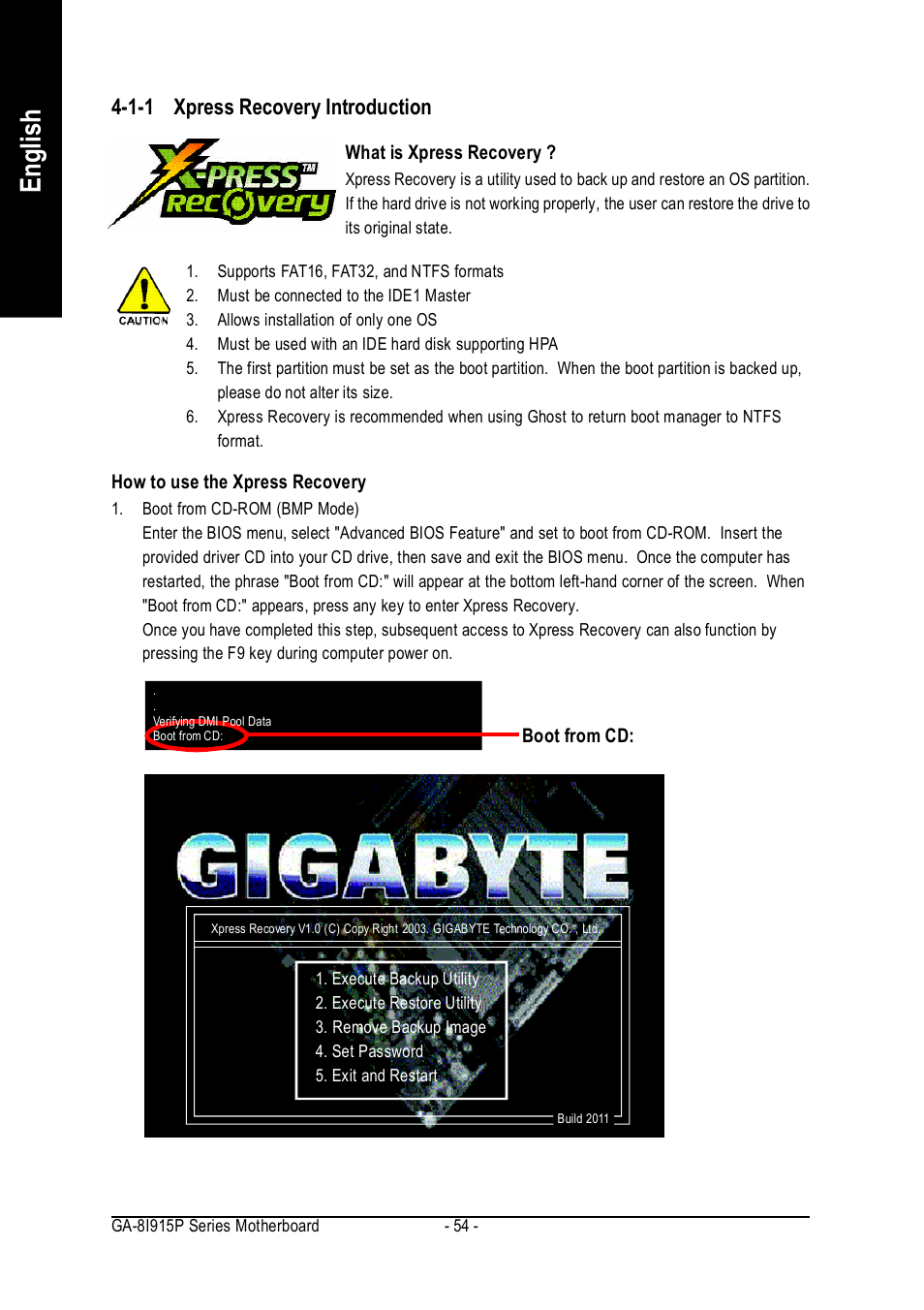 English, 1-1 xpress recovery introduction | Intel GA-8I915P User Manual | Page 54 / 80