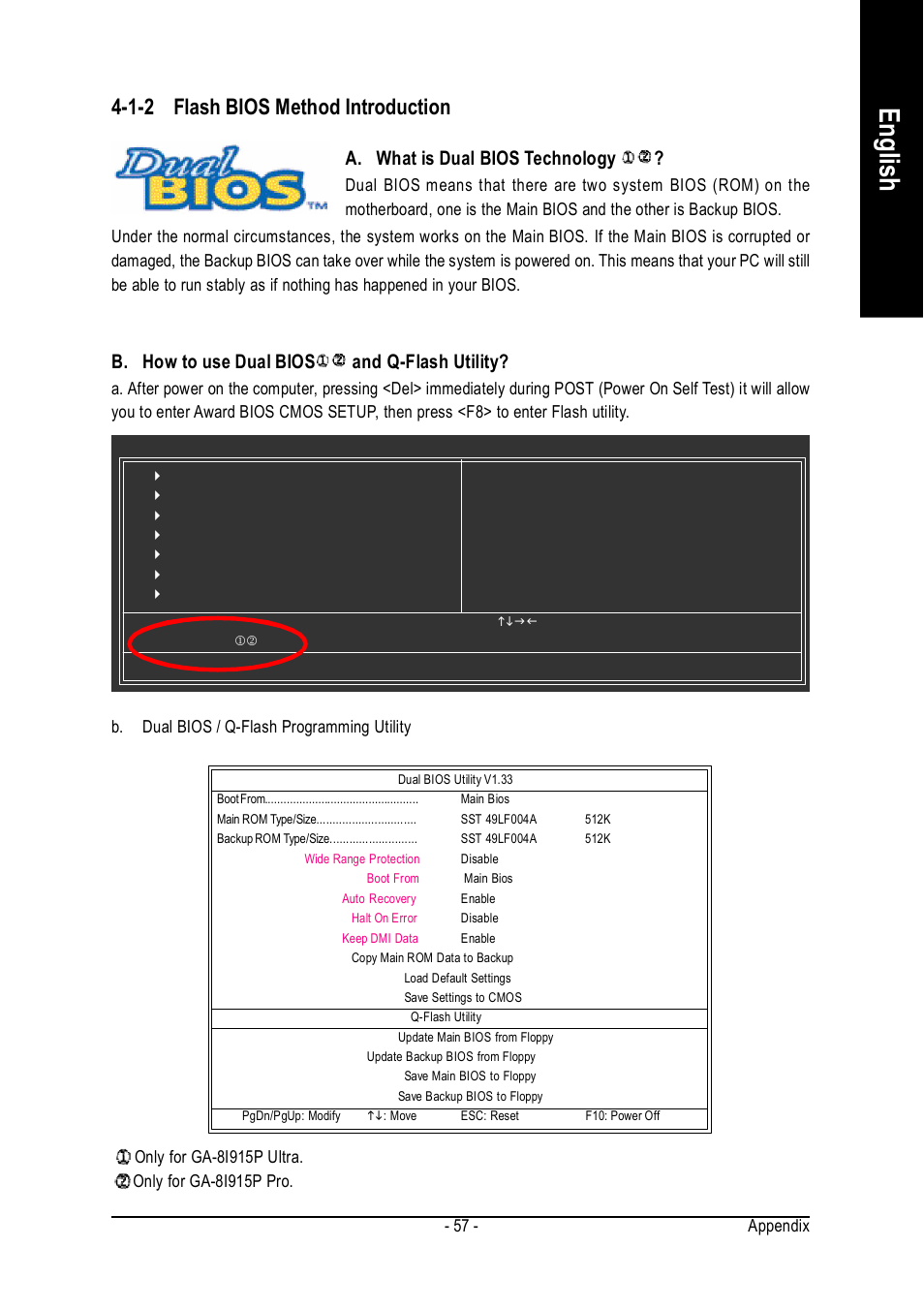 English, 1-2 flash bios method introduction, A. what is dual bios technology | B. how to use dual bios and q-flash utility, Appendix - 57 | Intel GA-8I915P User Manual | Page 57 / 80