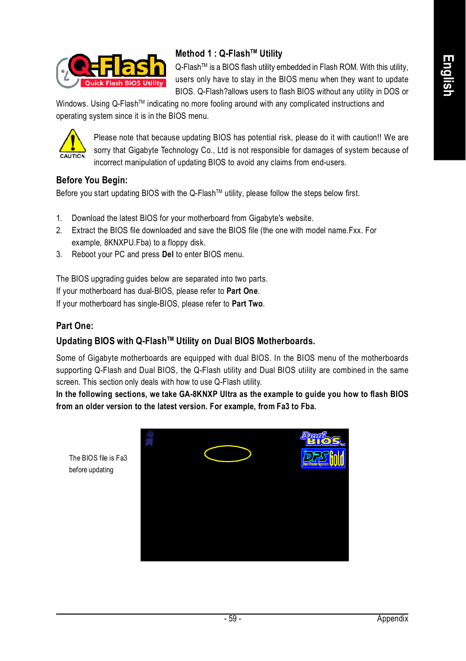 English, Method 1 : q-flash, Utility | Before you begin, Part one: updating bios with q-flash, Utility on dual bios motherboards | Intel GA-8I915P User Manual | Page 59 / 80