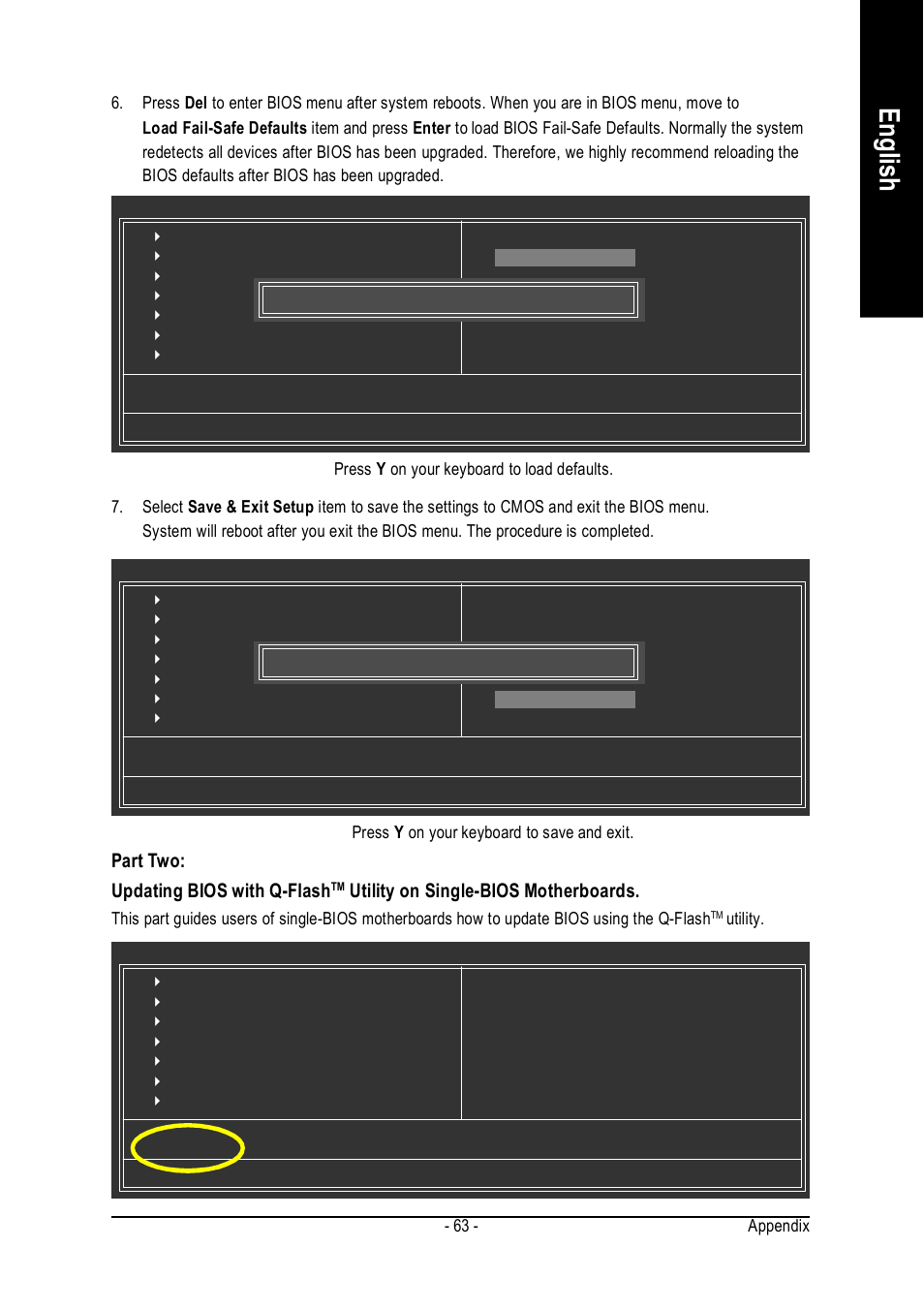English, Part two: updating bios with q-flash, Utility on single-bios motherboards | Appendix - 63, Press y on your keyboard to load defaults, Press y on your keyboard to save and exit, Utility | Intel GA-8I915P User Manual | Page 63 / 80