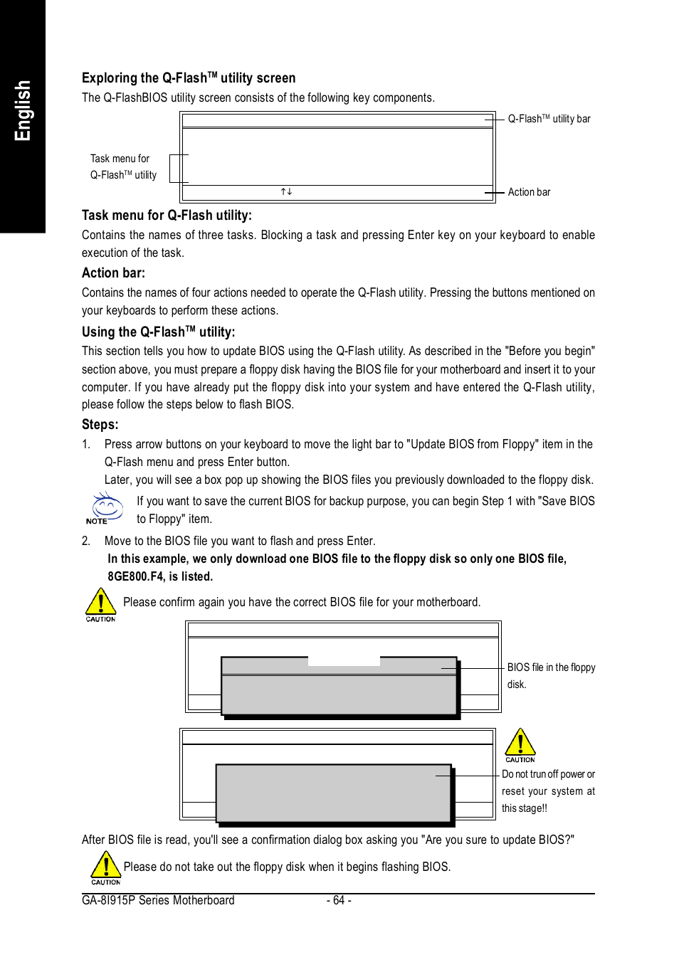 English, Exploring the q-flash, Utility screen | Task menu for q-flash utility, Action bar, Using the q-flash, Utility, Steps | Intel GA-8I915P User Manual | Page 64 / 80