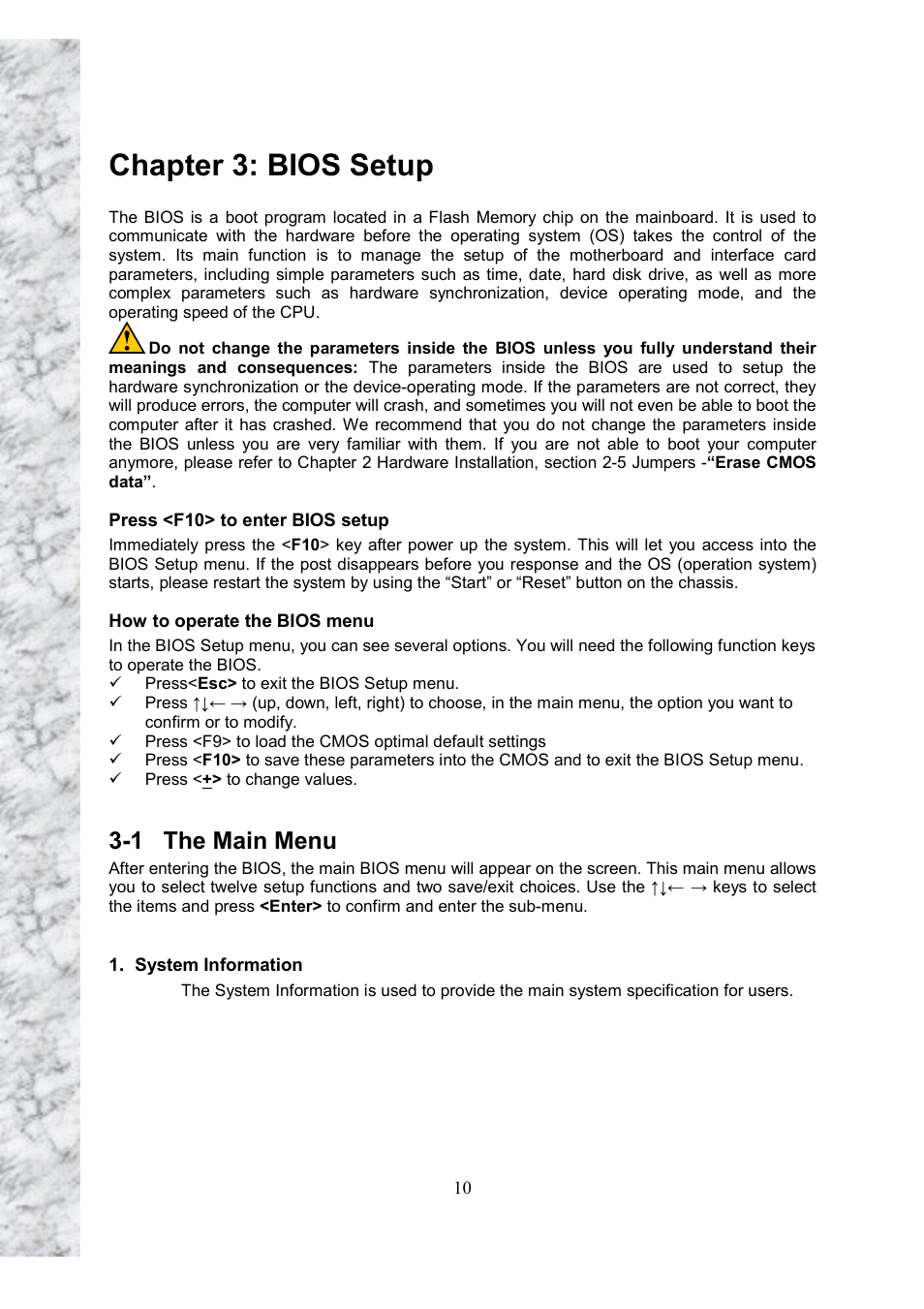 Chapter 3: bios setup, 1 the main menu | Intel Scenic Edition X101 User Manual | Page 10 / 16
