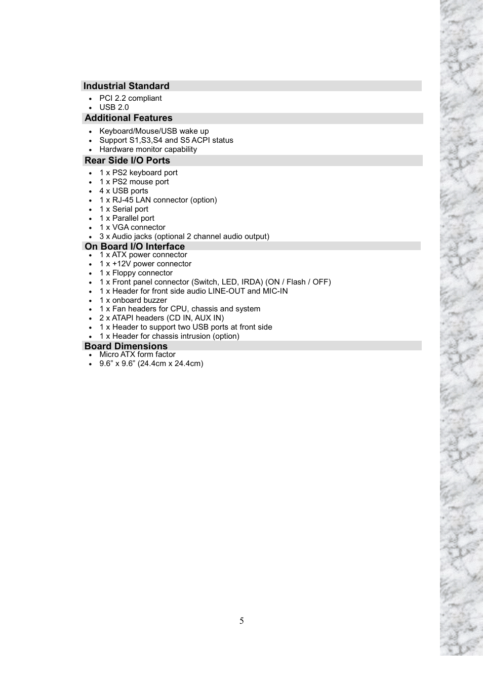 Industrial standard additional features, Rear side i/o ports on board i/o interface, Board dimensions | Intel Scenic Edition X101 User Manual | Page 5 / 16