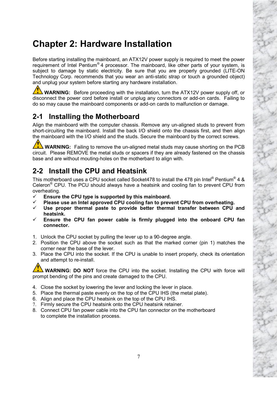 Chapter 2: hardware installation, 1 installing the motherboard, 2 install the cpu and heatsink | Intel Scenic Edition X101 User Manual | Page 7 / 16