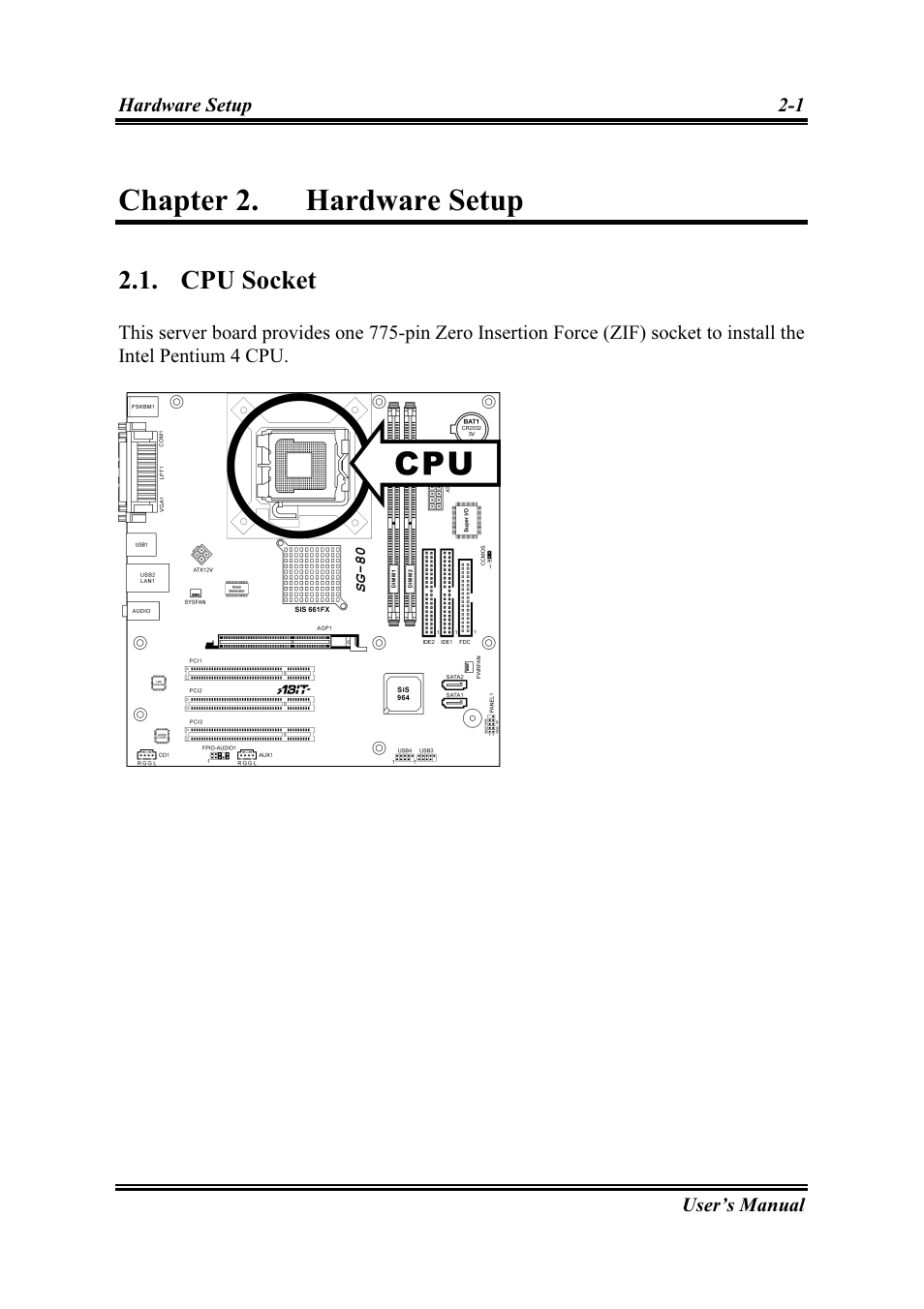 Hardware setup, Cpu socket, Chapter 2 | Hardware setup -1, Cpu socket -1, Chapter 2. hardware setup | Intel SG-81 User Manual | Page 11 / 56