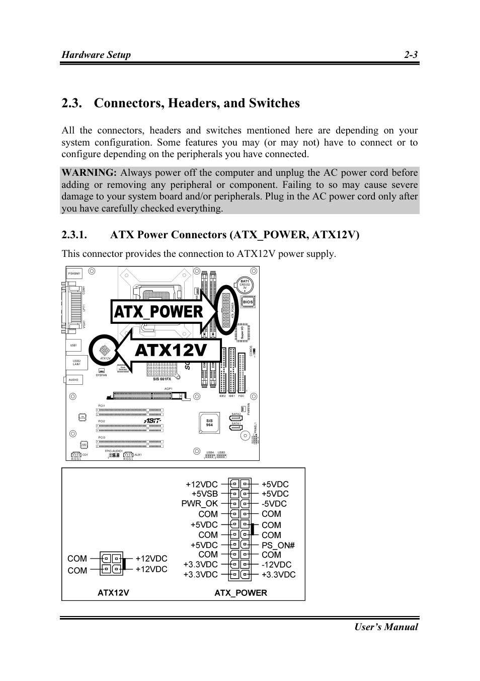 Connectors, headers, and switches, Atx power connectors (atx_power, atx12v), Connectors, headers, and switches -3 | Atx power connectors (atx_power, atx12v) 2-3 | Intel SG-81 User Manual | Page 13 / 56