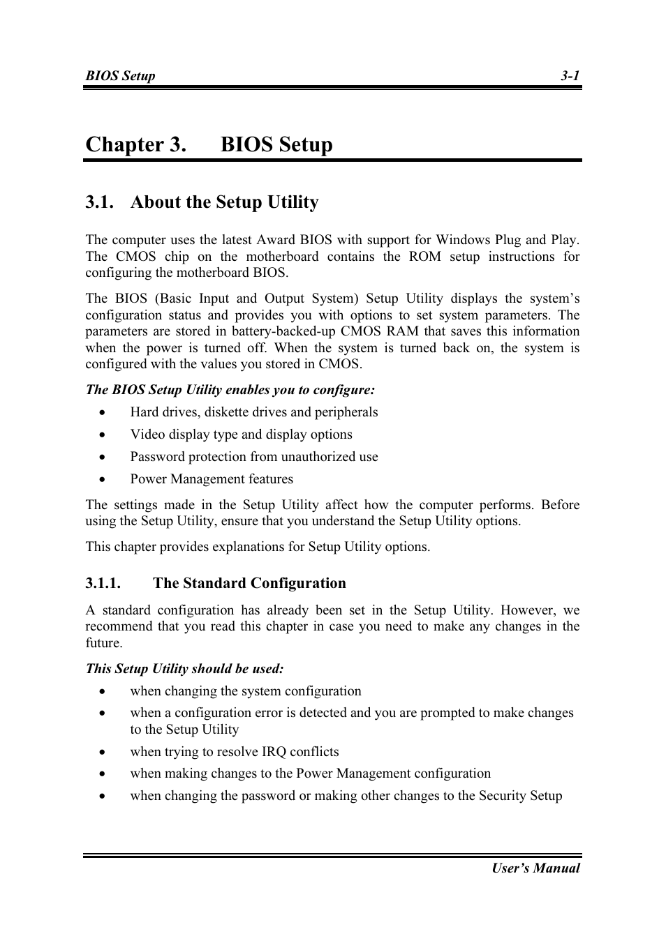Bios setup, About the setup utility, The standard configuration | Chapter 3, Bios setup -1, About the setup utility -1, The standard configuration -1, Chapter 3. bios setup | Intel SG-81 User Manual | Page 25 / 56