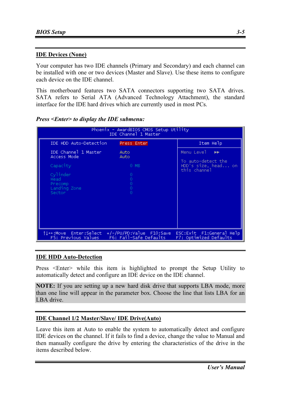 Ide devices (none), Ide hdd auto-detection, Ide channel 1/2 master/slave/ ide drive(auto) | Intel SG-81 User Manual | Page 29 / 56