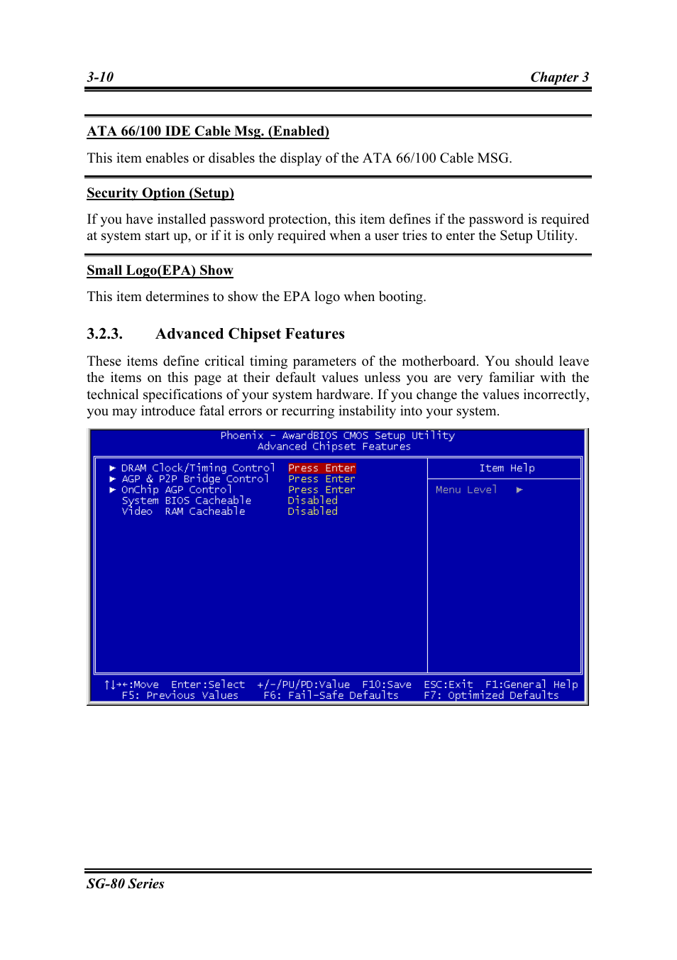 Ata 66/100 ide cable msg. (enabled), Security option (setup), Small logo(epa) show | Advanced chipset features, Advanced chipset features -10 | Intel SG-81 User Manual | Page 34 / 56
