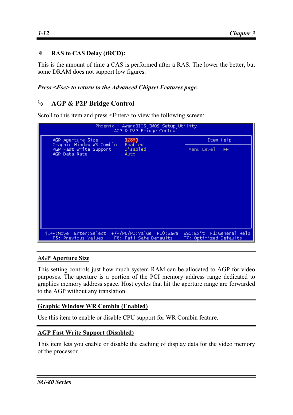Agp aperture size, Graphic window wr combin (enabled), Agp fast write support (disabled) | Intel SG-81 User Manual | Page 36 / 56