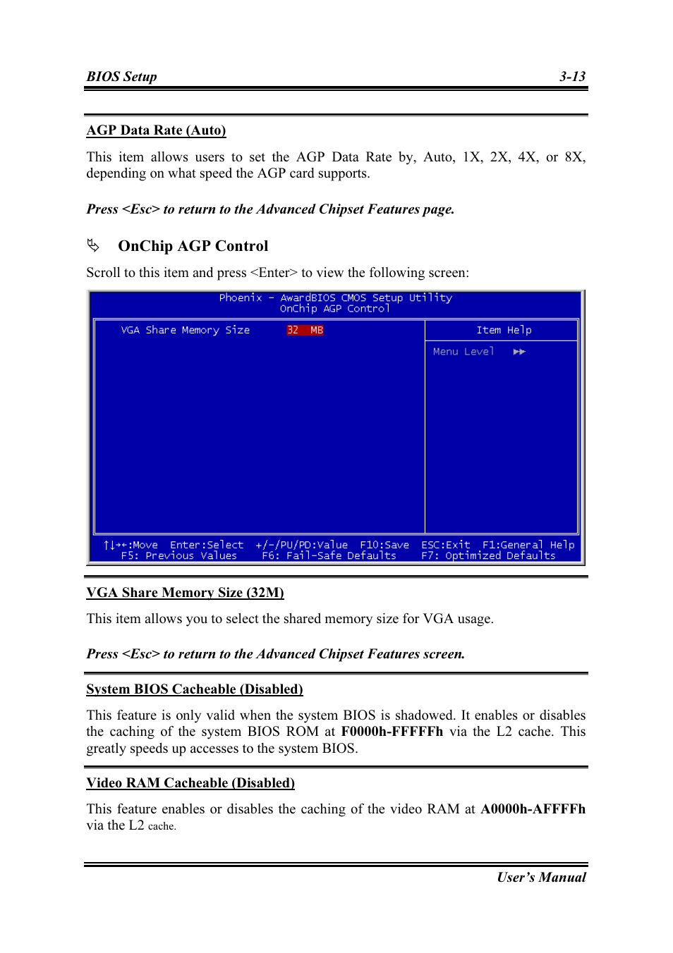 Agp data rate (auto), Vga share memory size (32m), System bios cacheable (disabled) | Video ram cacheable (disabled) | Intel SG-81 User Manual | Page 37 / 56