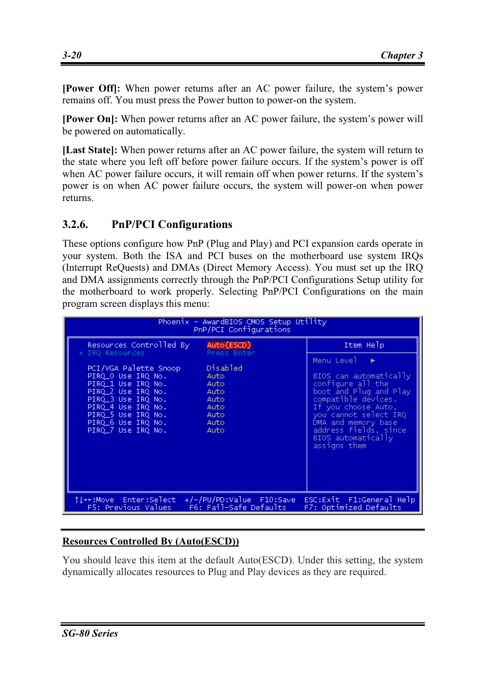 Pnp/pci configurations, Resources controlled by (auto(escd)), Pnp/pci configurations -20 | Intel SG-81 User Manual | Page 44 / 56