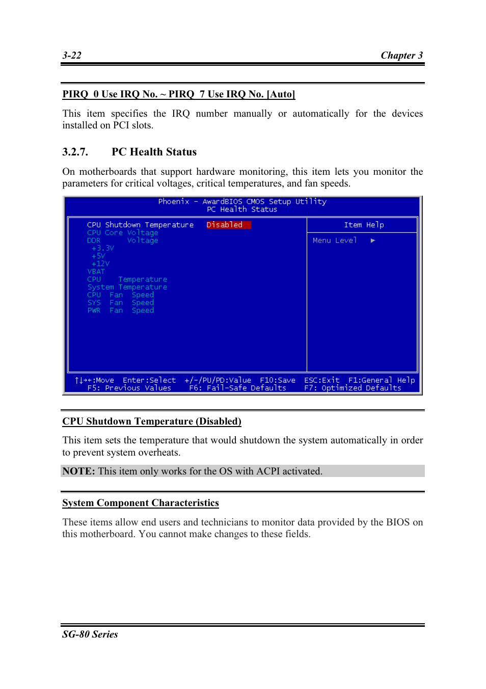 Pirq_0 use irq no. ~ pirq_7 use irq no. [auto, Pc health status, Cpu shutdown temperature (disabled) | System component characteristics, Pc health status -22 | Intel SG-81 User Manual | Page 46 / 56