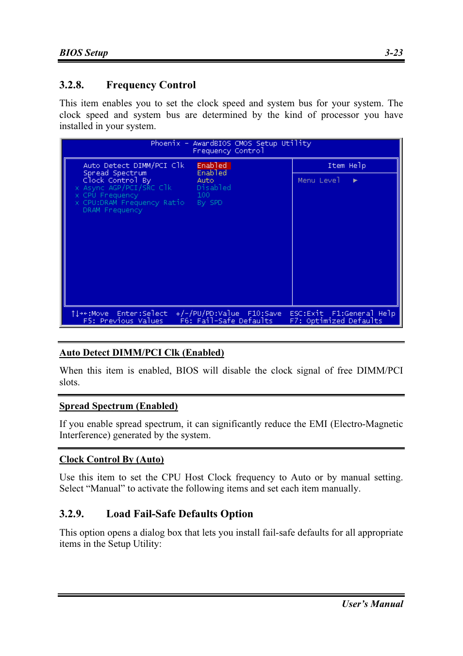 Frequency control, Auto detect dimm/pci clk (enabled), Spread spectrum (enabled) | Clock control by (auto), Load fail-safe defaults option, Frequency control -23, Load fail-safe defaults option -23 | Intel SG-81 User Manual | Page 47 / 56