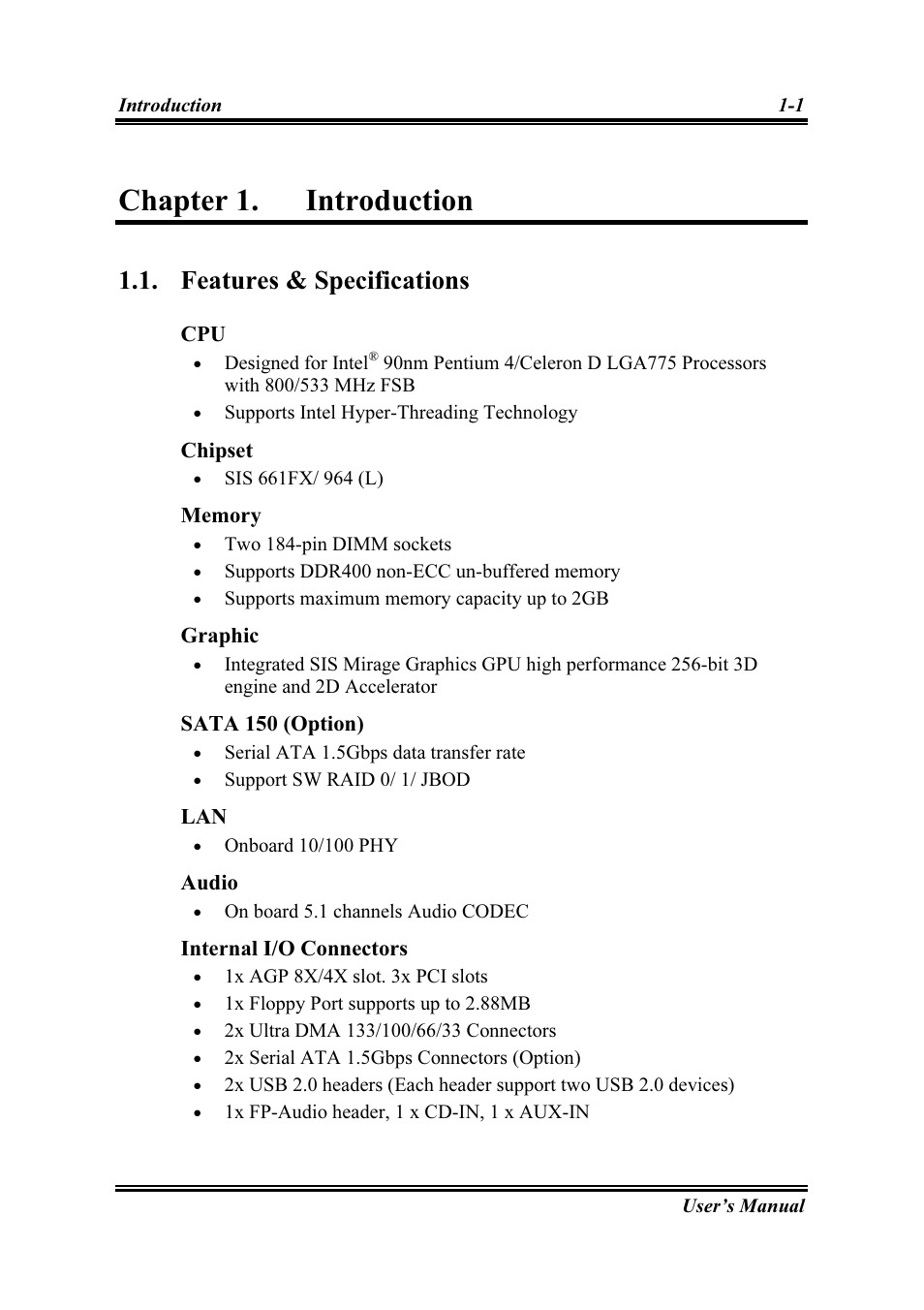 Introduction, Features & specifications, Chapter 1 | Introduction -1, Features & specifications -1, Chapter 1. introduction | Intel SG-81 User Manual | Page 5 / 56