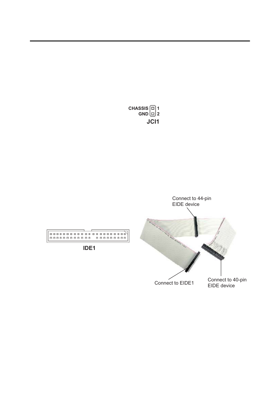 6 connectors, 1 chassis intrusion switch connector: jci1, 2 44-pin eide connector: ide1 | Figure 2.5: 44-pin eide connector: ide1, Connectors, Chassis intrusion switch connector: jci1 figure, 4 chassis intrusion switch connector: jci1, Pin eide connector: ide1 figure, 5 44-pin eide connector: ide1 | Intel AIMB-253 User Manual | Page 24 / 62