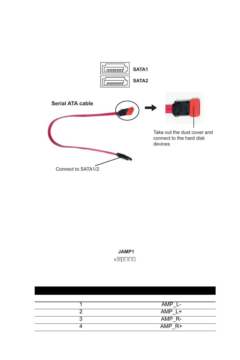 3 serial ata connectors: sata1, sata2, Figure 2.6: serial ata connectors: sata1, sata2, 4 audio amplifier connector: jamp1 | Figure 2.7: audio amplifier connector: jamp1, Table 2.3: jamp1pin definition, Serial ata connectors: sata1, sata2 figure, 6 serial ata connectors: sata1, sata2, Audio amplifier connector: jamp1 figure, 7 audio amplifier connector: jamp1, Table | Intel AIMB-253 User Manual | Page 25 / 62