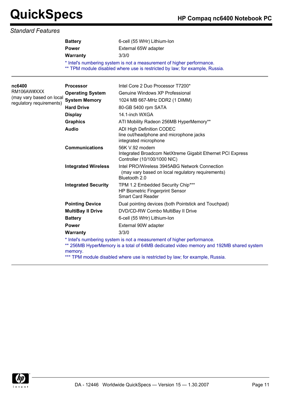 Quickspecs | Intel Compaq nc6400 User Manual | Page 11 / 41