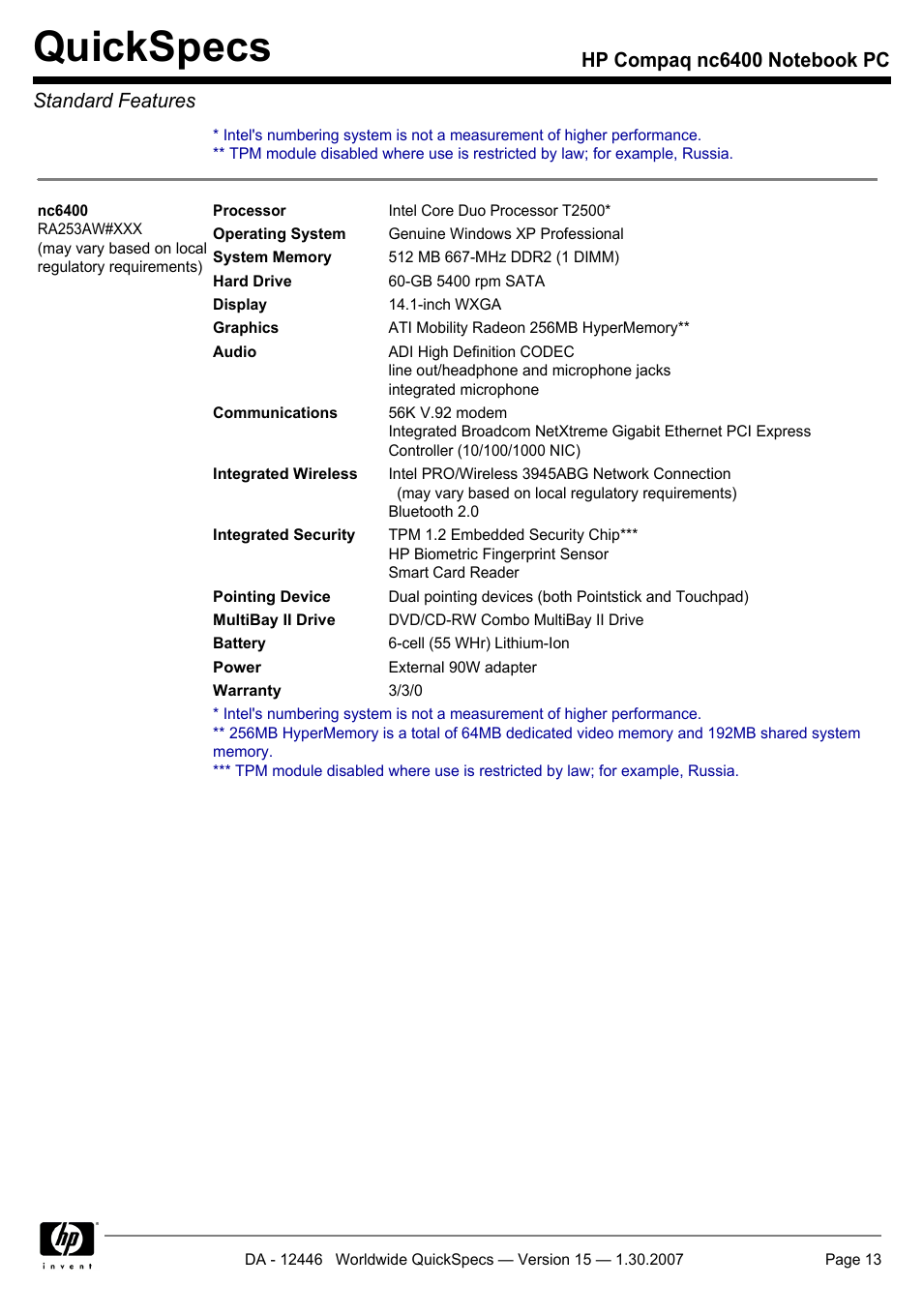 Quickspecs | Intel Compaq nc6400 User Manual | Page 13 / 41