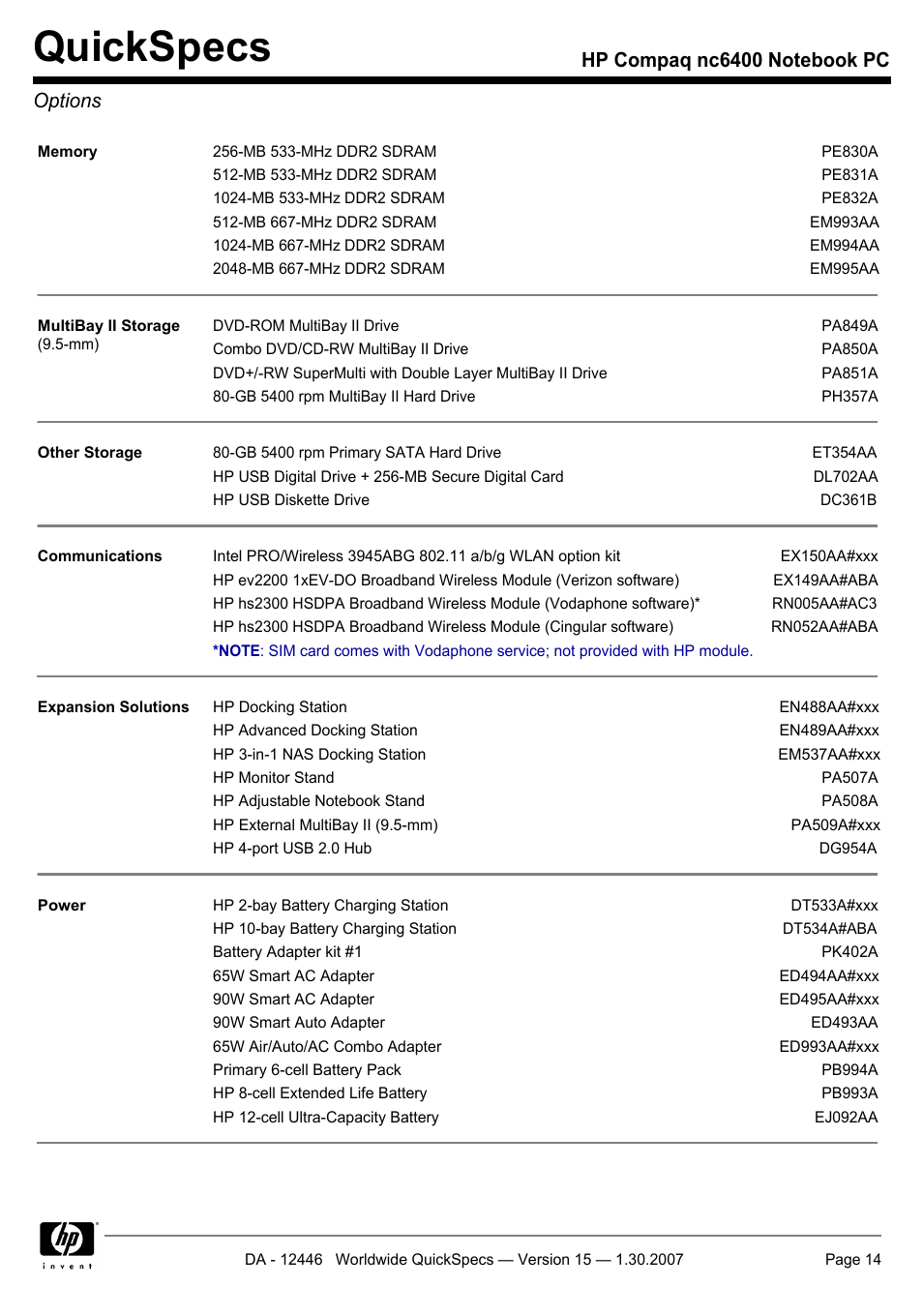 Options, Quickspecs | Intel Compaq nc6400 User Manual | Page 14 / 41