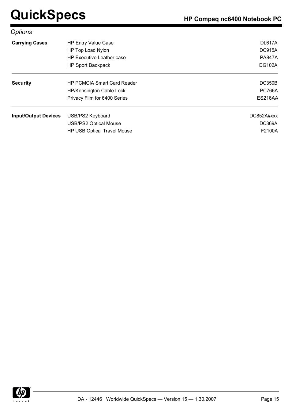 Quickspecs | Intel Compaq nc6400 User Manual | Page 15 / 41