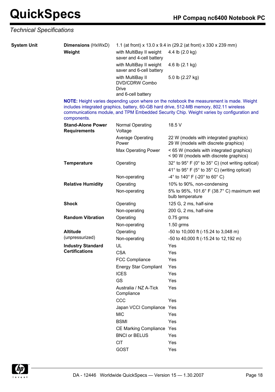 Technical specifications, Quickspecs | Intel Compaq nc6400 User Manual | Page 18 / 41